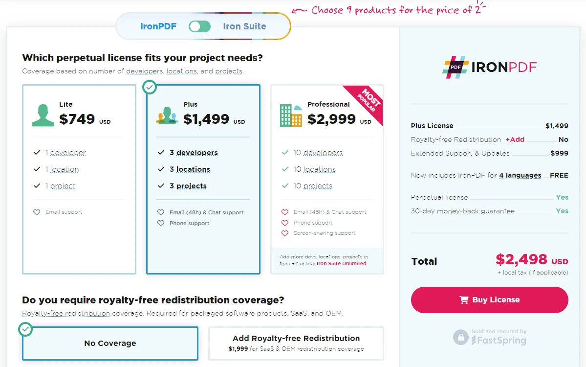 Opciones de precios de IronPDF