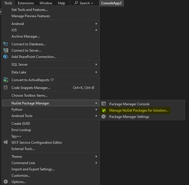 Visual Studio's tool drop down menu