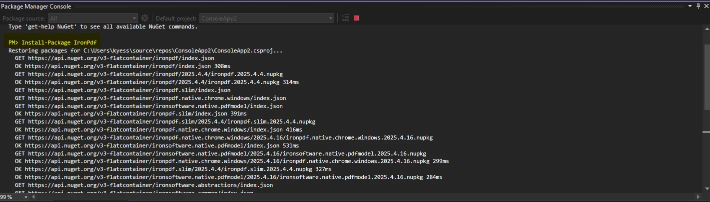 Installing IronPDF via the Package Manager Console