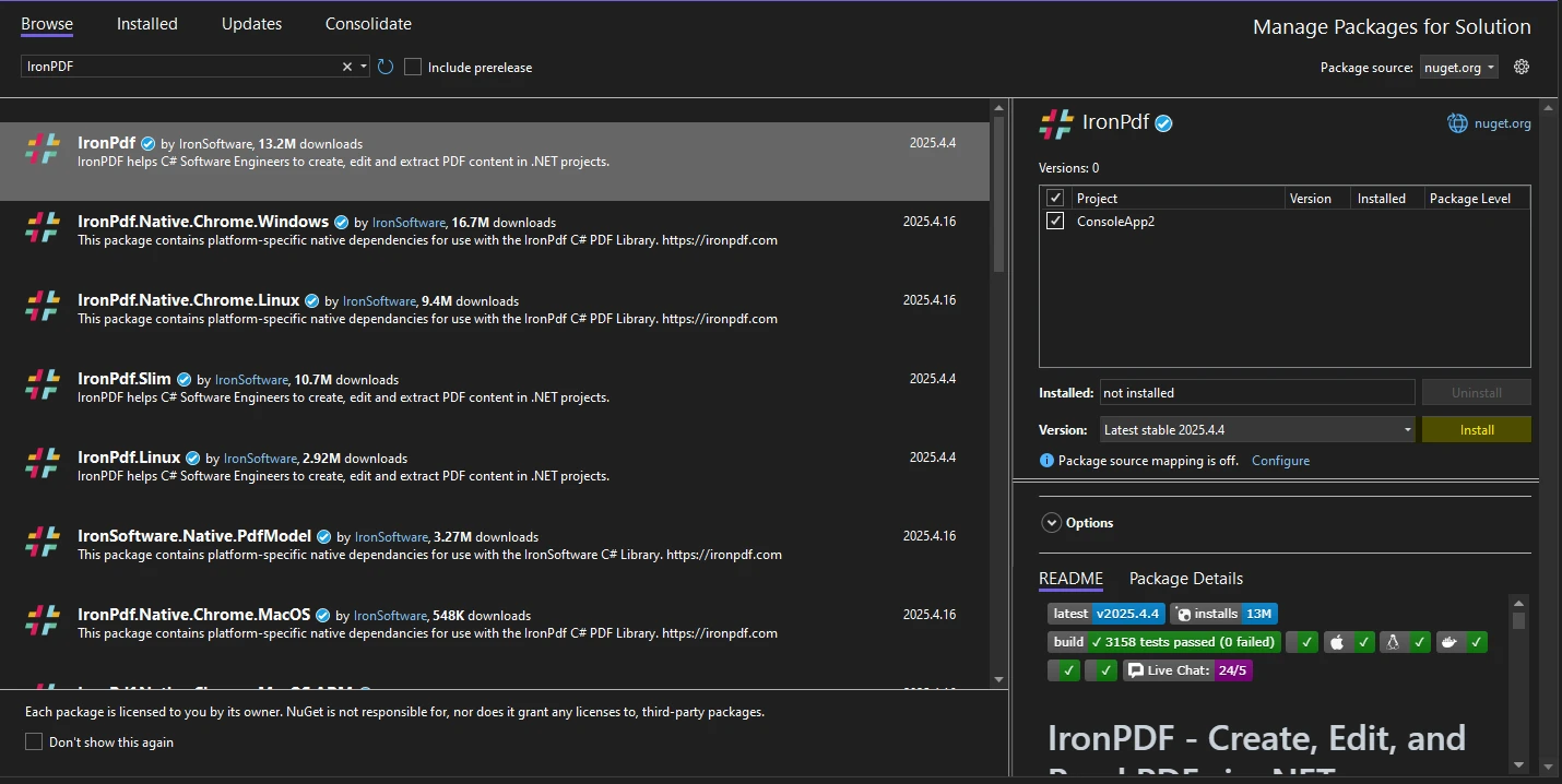 IronPDF NuGet package manager screen