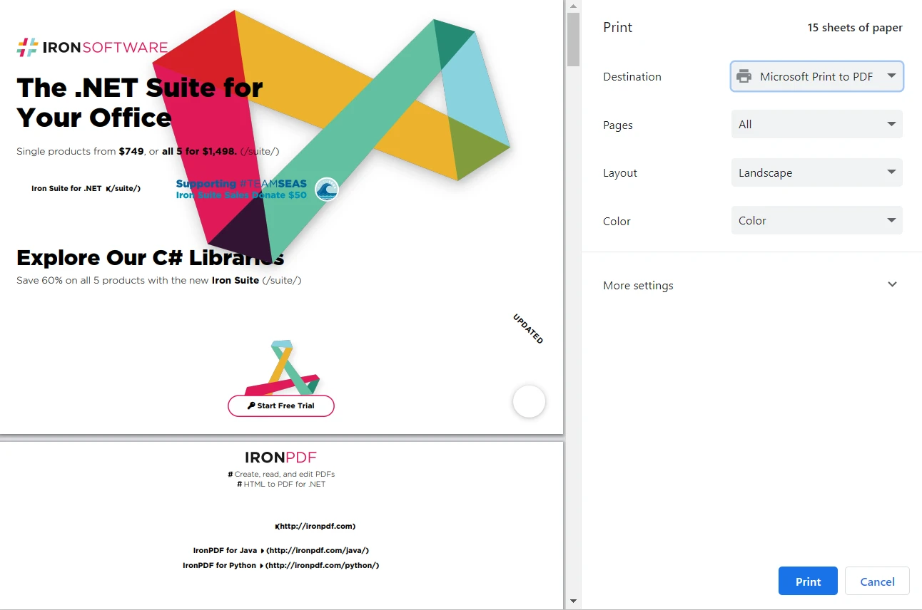 Figure 2 - La boîte de dialogue d'impression, affichée sur la page d'accueil de Iron Software.