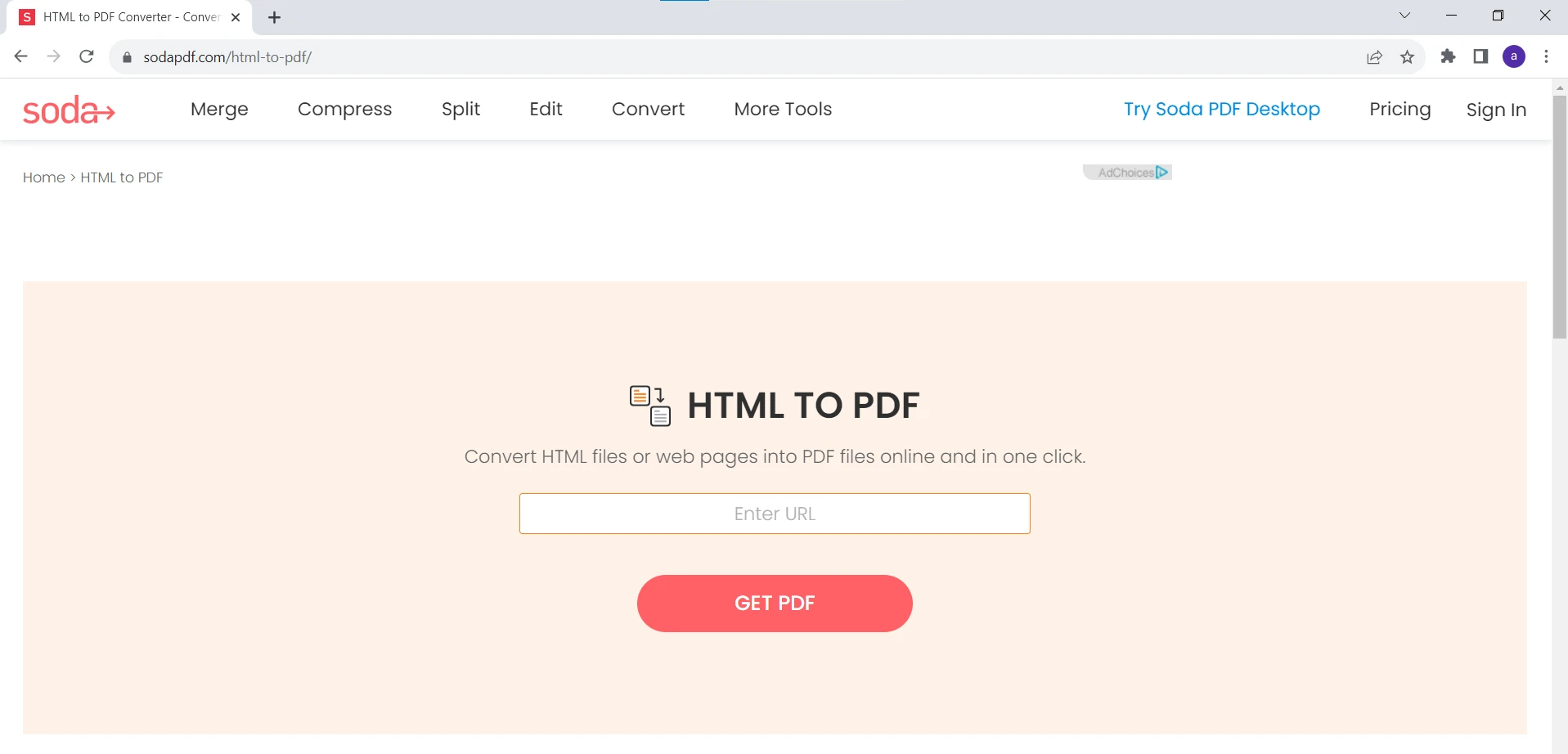 Figure 6 - Le site web SodaPDF, avec un champ pour convertir HTML en PDF.