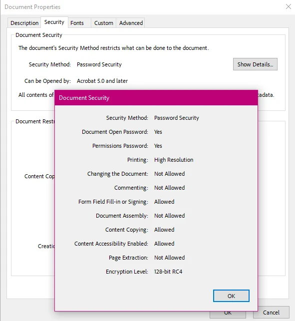 PDF with custom permissions and password protection